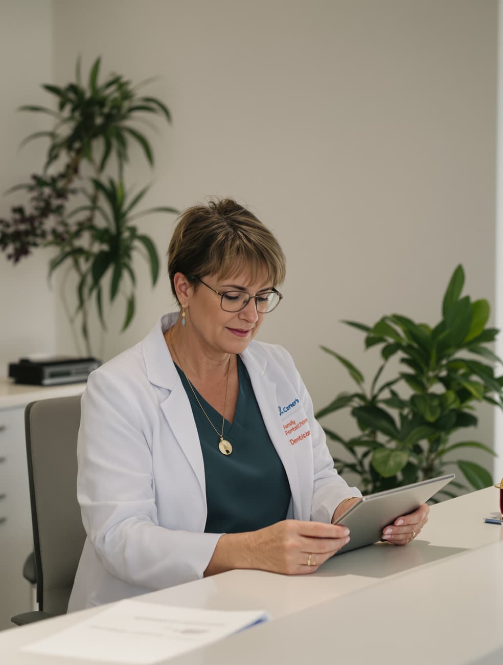 A dentist at the reception desk of a clinic, holding a tablet.