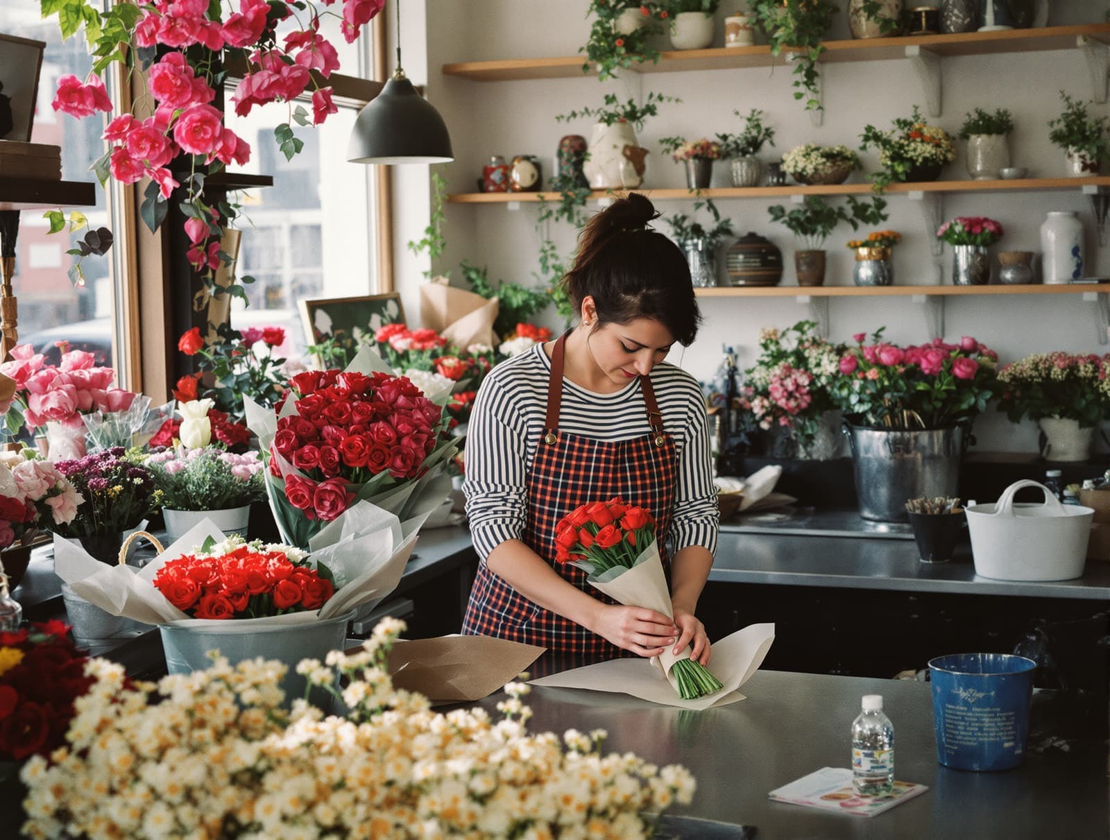 A florist wraps red ranunculus in paper at her workbench.