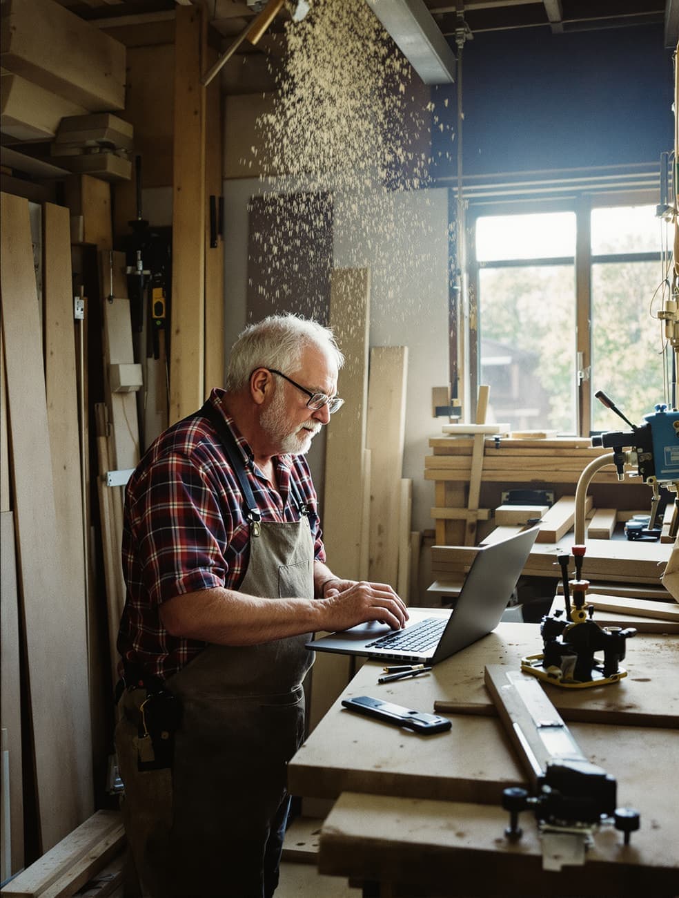 An older joiner checks a laptop in a dusty workshop.